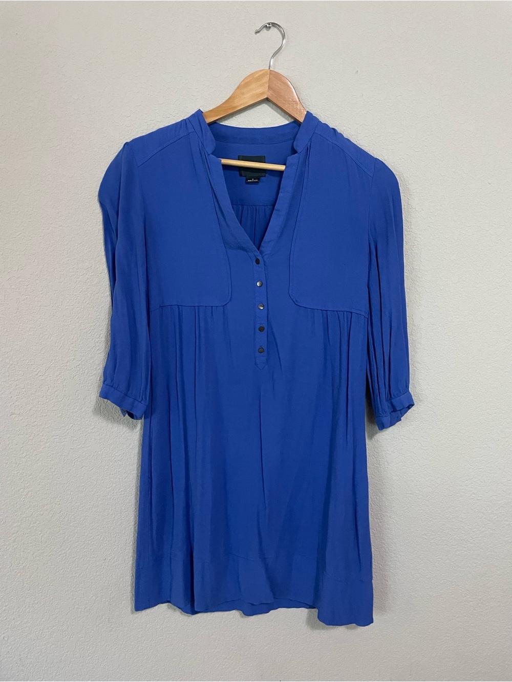 Maeve Anthropologie Tunic Dress Royal Blue button front 3/4 sleeve 4 office